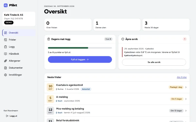 Oversikten i appen: frister over fristen, denne uken og neste 30 dager, dagens mat-logg og åpne avvik.
